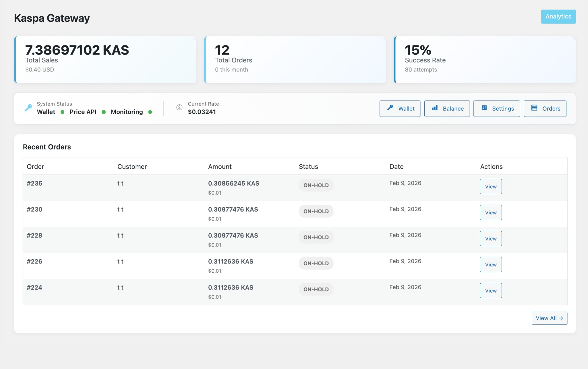 KaspaWoo WooCommerce plugin dashboard: total KAS sales, orders, success rate, and recent Kaspa payments