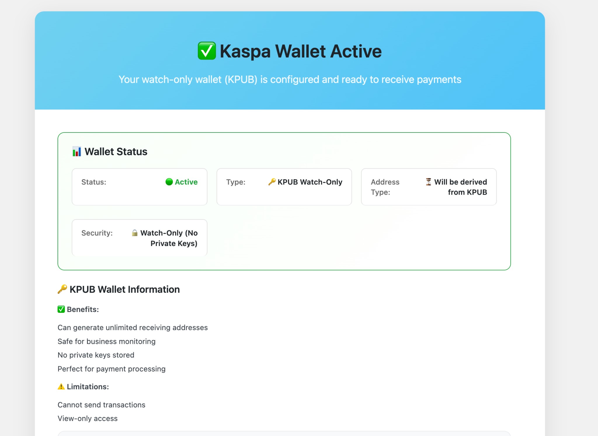 KaspaWoo wallet active: KPUB watch-only setup for non-custodial KAS payments